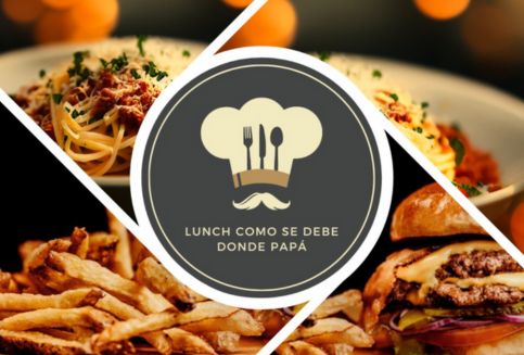 Imagen del logo del Restaurante Donde Papá con dos deliciosos platillos de comida costarricense de fondo. En la imagen también se incluye la frase 'Lunch como se debe', invitando a disfrutar de un almuerzo auténtico y satisfactorio en nuestro restaurante.