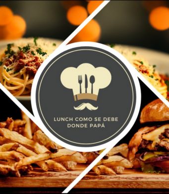 Imagen del logo del Restaurante Donde Papá con dos deliciosos platillos de comida costarricense de fondo. En la imagen también se incluye la frase 'Lunch como se debe', invitando a disfrutar de un almuerzo auténtico y satisfactorio en nuestro restaurante.